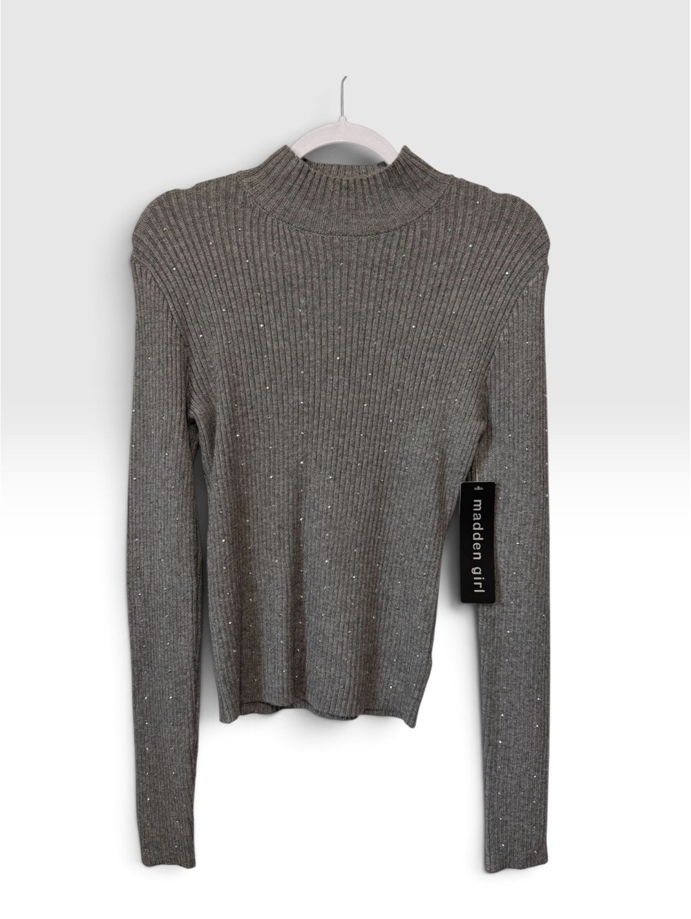 Y2K Style Madden Girl NWT Gray Ribbed Knit Sweater with Sparkle Detail, Size S